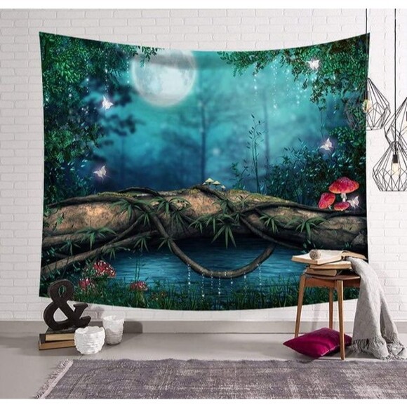 Extra LARGE Fantasy Mushrooms Butterflies Full Moon Tapestry 78"x58" - Picture 3 of 4